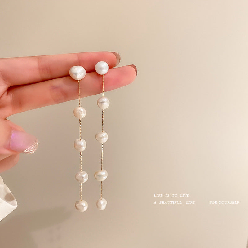 925 Silver Stud Freshwater Pearl Tassel Earrings