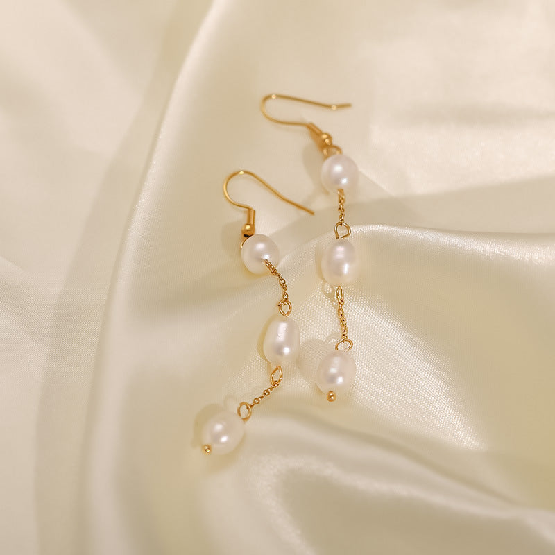 New Titanium Steel Earrings Natural Freshwater Pearl Tassel