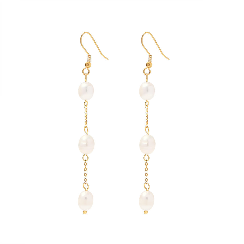 New Titanium Steel Earrings Natural Freshwater Pearl Tassel